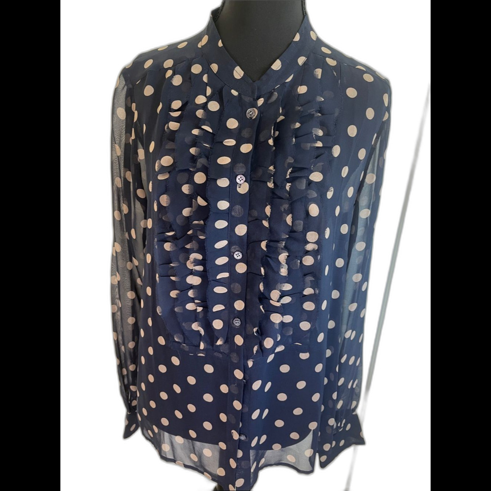 J Crew 100% Silk Sheer Navy Blue Tan Polka Dot Fray Ruffle Button-Front Top Sz 8